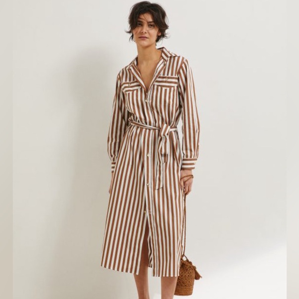 L'AGENCE Brown and White Striped Long Sleeve Dress